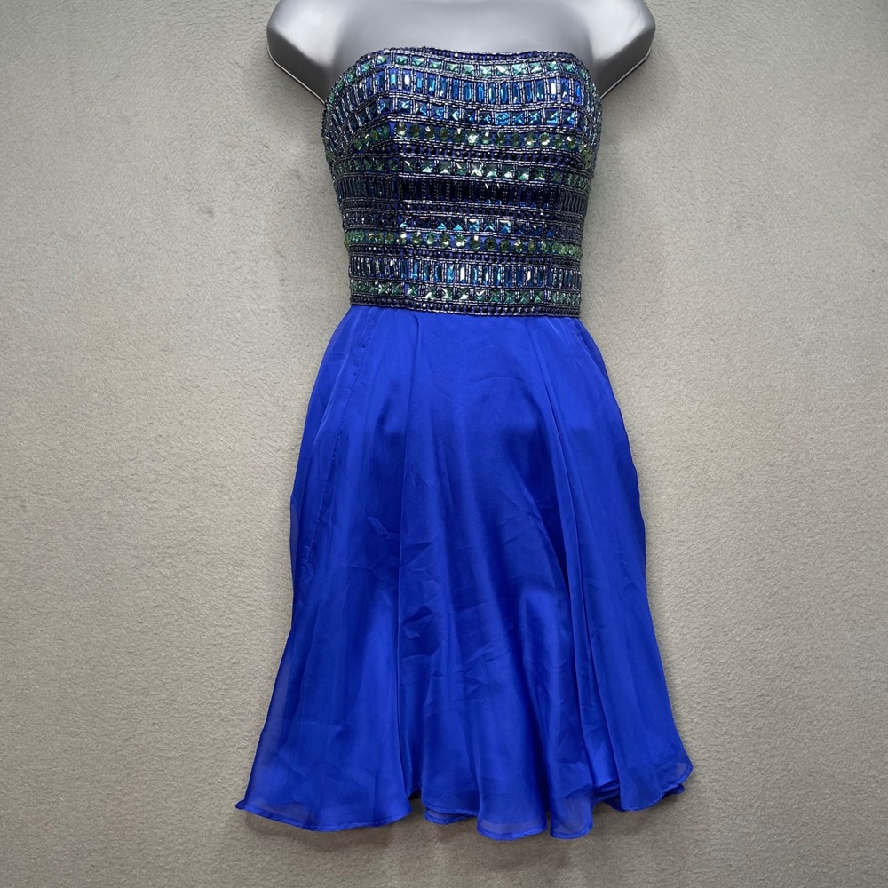 Sherri Hill Women Dress Blue Beaded Sequin Chiffon 00 Pageant Prom Homecoming
